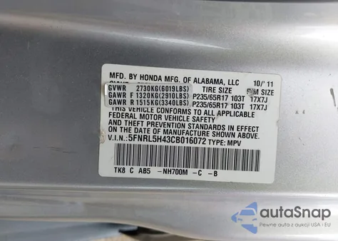 2012 Honda Odyssey Ex from USA, damaged, VIN 5FNRL5H43CB016072
